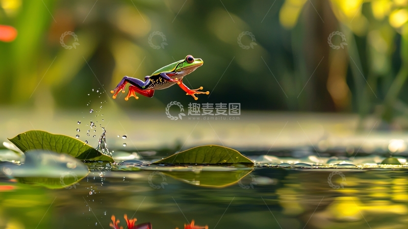 高清大图下载【趣麦麦图】跳跃中的彩色青蛙