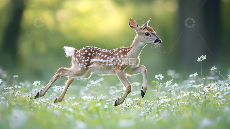 高清大图下载【趣麦麦图】奔跑的小鹿在花丛中