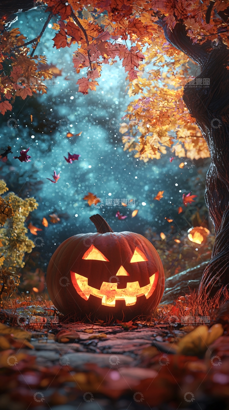 高清大图下载【趣麦麦图】秋夜南瓜灯与落叶