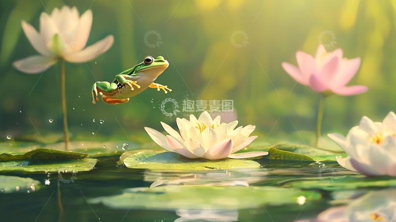 高清大图下载【趣麦麦图】荷塘青蛙跳跃瞬间