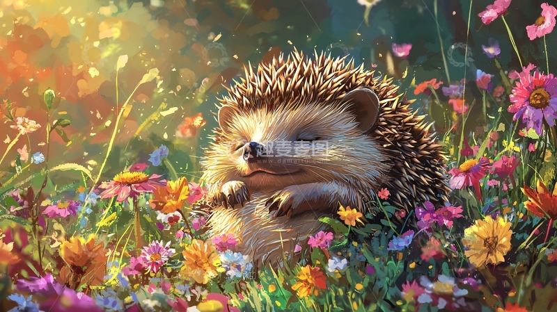 高清大图下载【趣麦麦图】睡在花丛中的刺猬