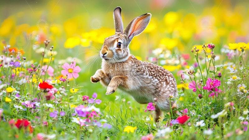 高清大图下载【趣麦麦图】奔跑的兔子在花丛中