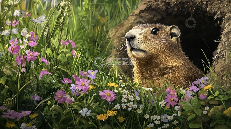 高清大图下载【趣麦麦图】春天草地上的土拨鼠