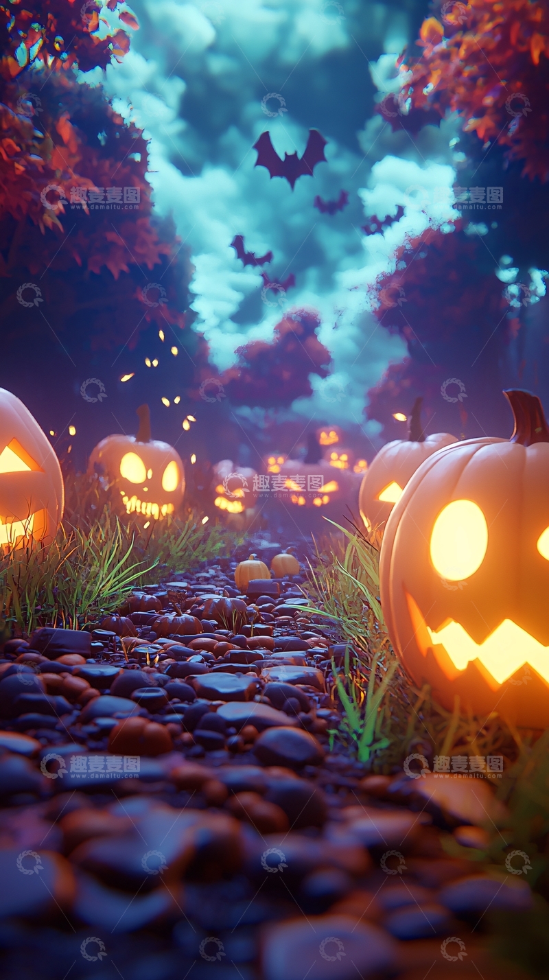 高清大图下载【趣麦麦图】万圣节南瓜灯森林夜景