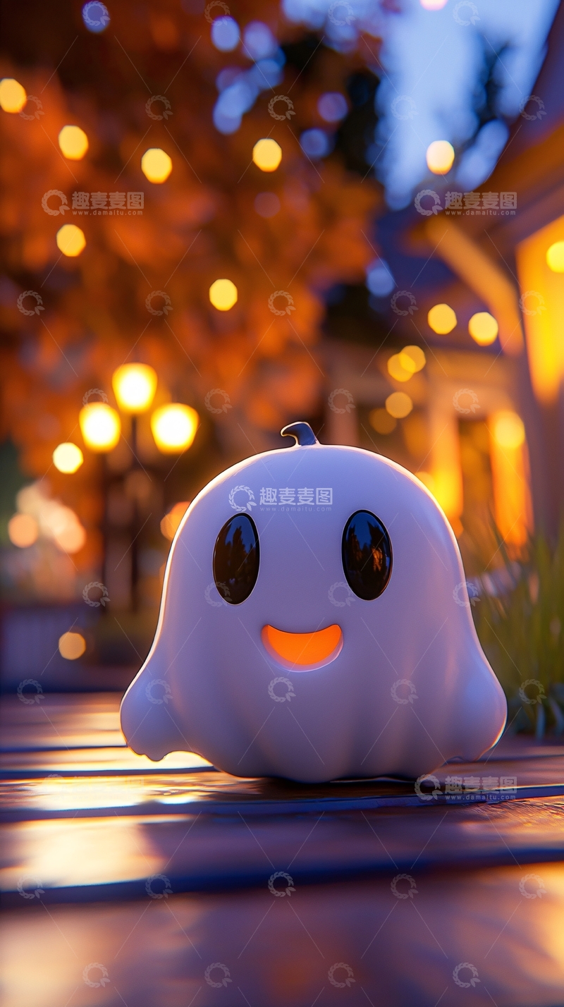 高清大图下载【趣麦麦图】夜间街道上的可爱鬼形灯饰