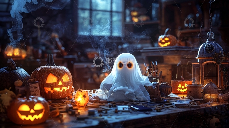 高清大图下载【趣麦麦图】万圣节鬼魂南瓜灯装饰场景