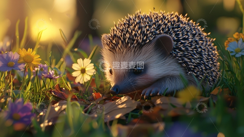 高清大图下载【趣麦麦图】阳光下的刺猬与花朵