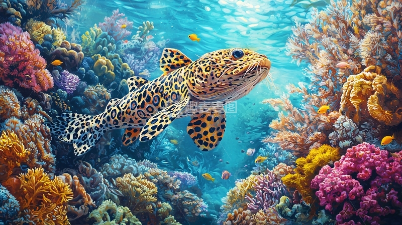 高清大图下载【趣麦麦图】热带海洋珊瑚礁中的豹纹猫鲨鱼