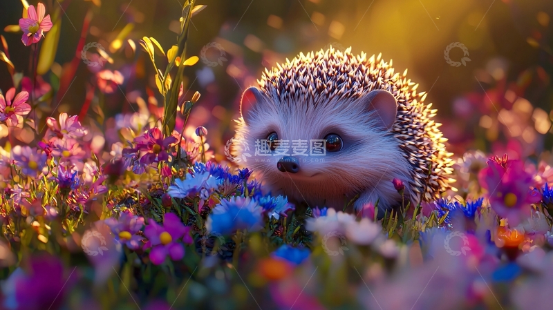 高清大图下载【趣麦麦图】刺猬在花丛中