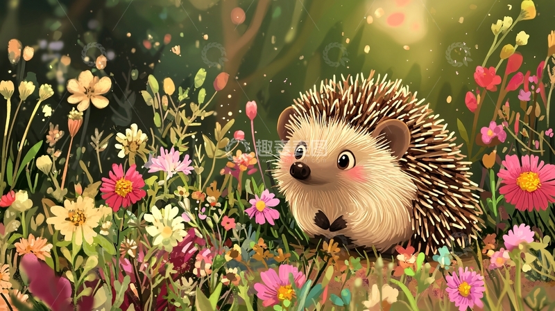 高清大图下载【趣麦麦图】森林中的小刺猬与花海