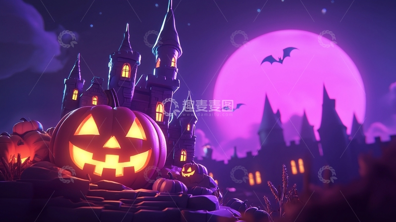 高清大图下载【趣麦麦图】万圣节南瓜与城堡夜景