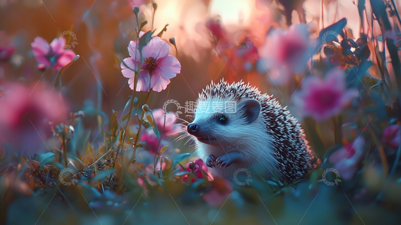 高清大图下载【趣麦麦图】刺猬在花丛中