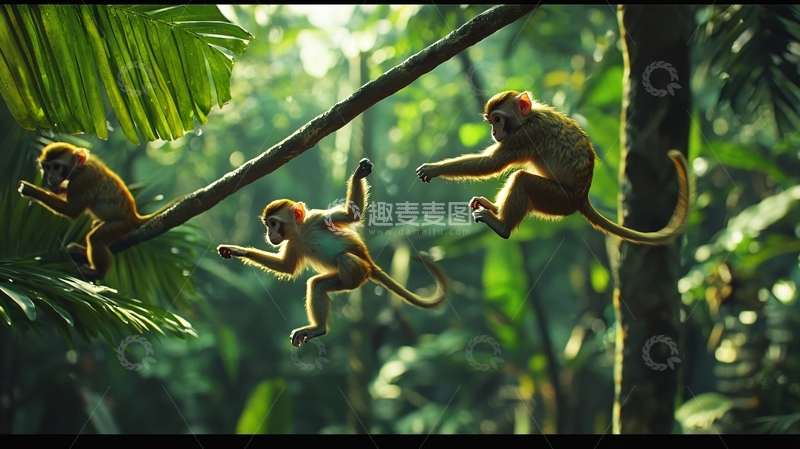 高清大图下载【趣麦麦图】丛林中的猴子跳跃场景