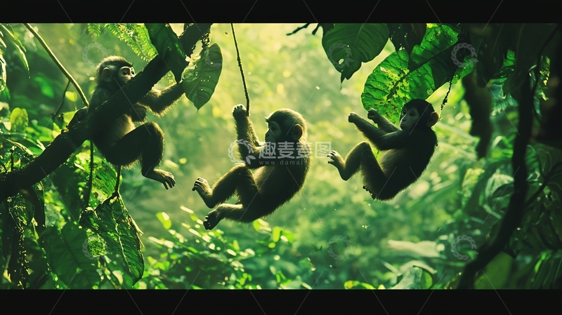 高清大图下载【趣麦麦图】丛林中的猴子玩耍场景