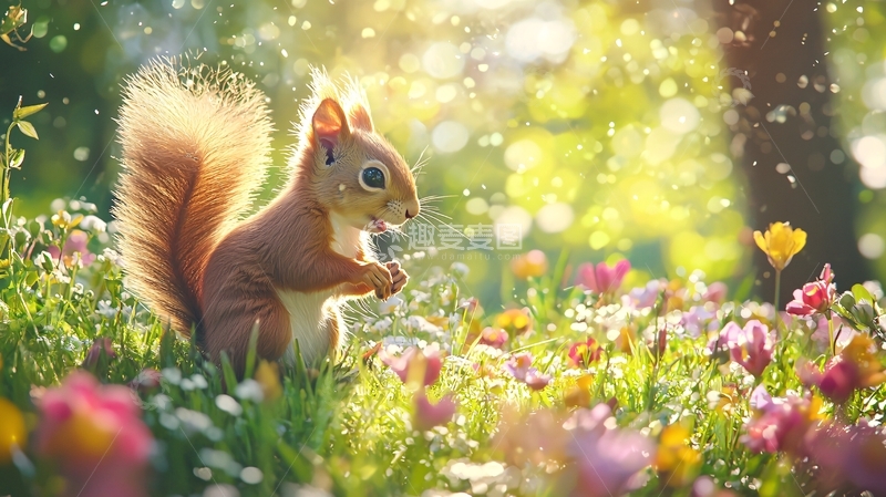 高清大图下载【趣麦麦图】阳光下的松鼠与花海