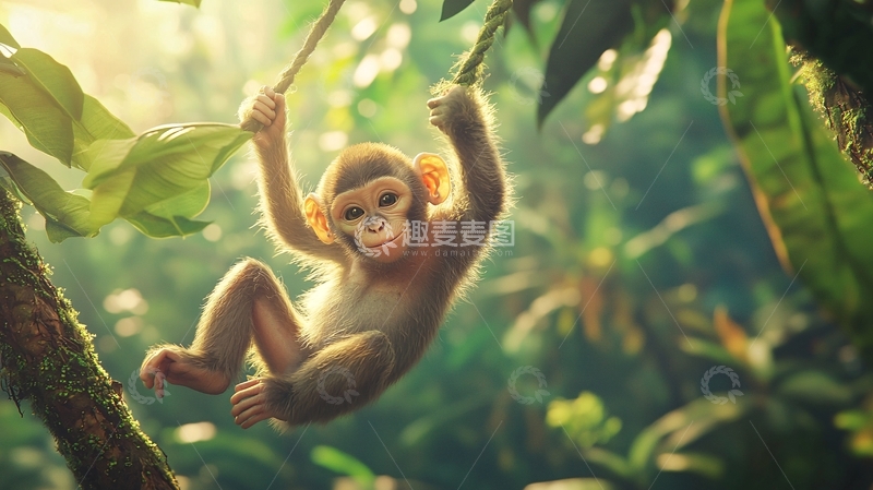 高清大图下载【趣麦麦图】丛林中的小猴子玩耍场景