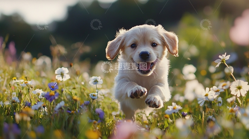高清大图下载【趣麦麦图】金毛幼犬在花丛中奔跑