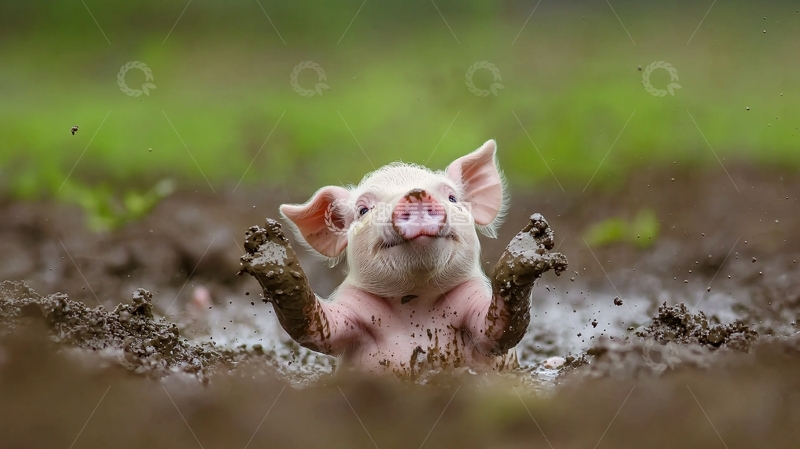 高清大图下载【趣麦麦图】泥地里的小猪