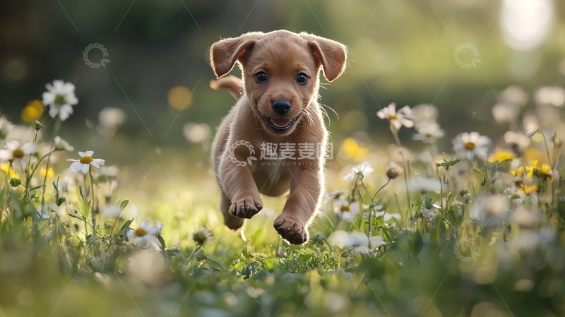 高清大图下载【趣麦麦图】奔跑中的小狗在花丛中