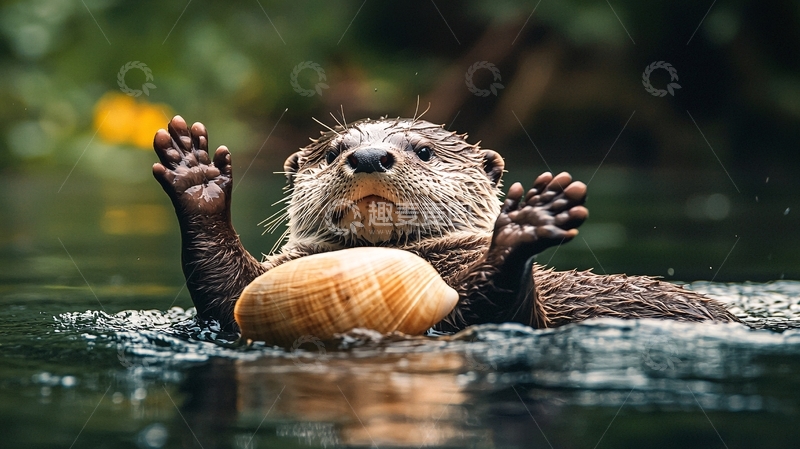 高清大图下载【趣麦麦图】水中嬉戏的水獭与贝壳