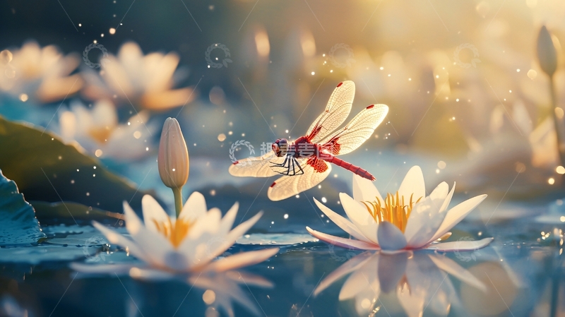 高清大图下载【趣麦麦图】蜻蜓与莲花的梦幻场景
