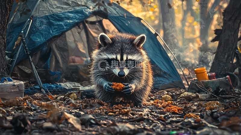 高清大图下载【趣麦麦图】森林中的浣熊与野营帐篷
