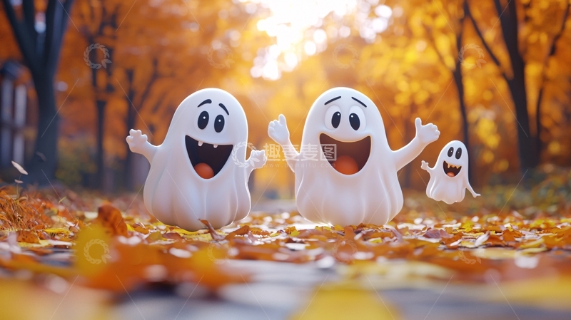 高清大图下载【趣麦麦图】秋天落叶中的卡通幽灵
