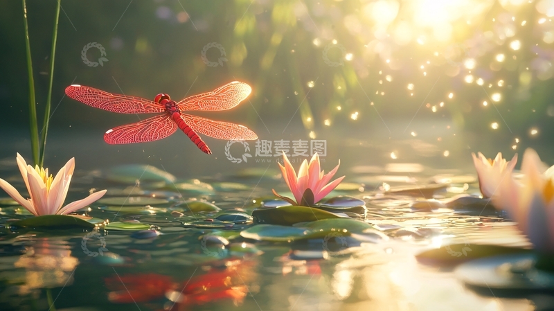 高清大图下载【趣麦麦图】蜻蜓与睡莲的光影之美