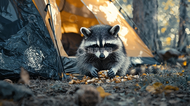 高清大图下载【趣麦麦图】露营帐篷旁的浣熊