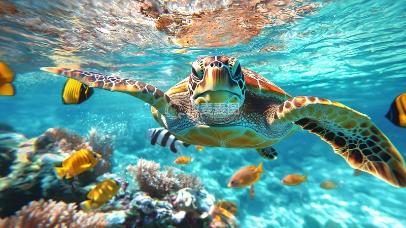 高清大图下载【趣麦麦图】海龟与珊瑚礁下的热带鱼