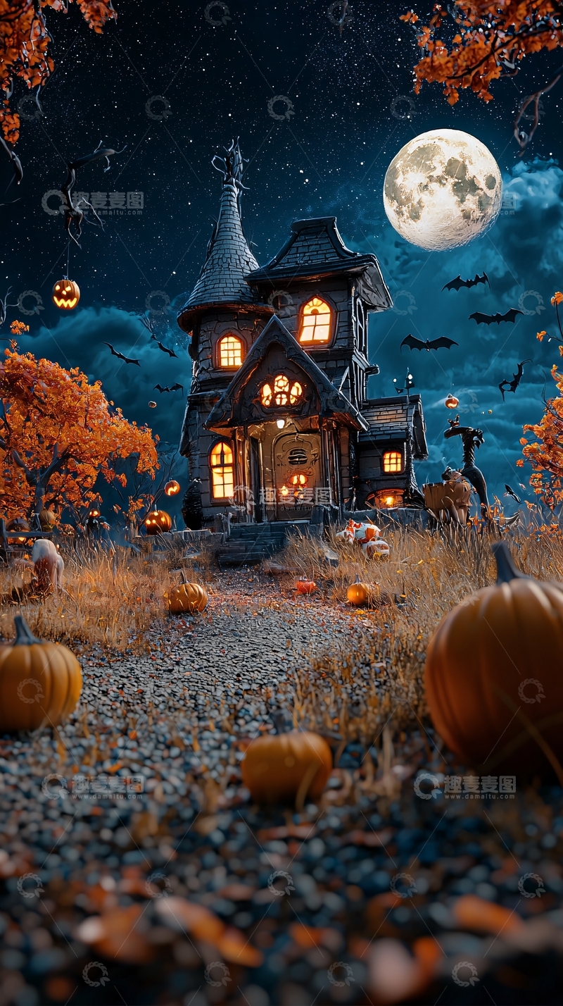 高清大图下载【趣麦麦图】万圣节夜景南瓜屋
