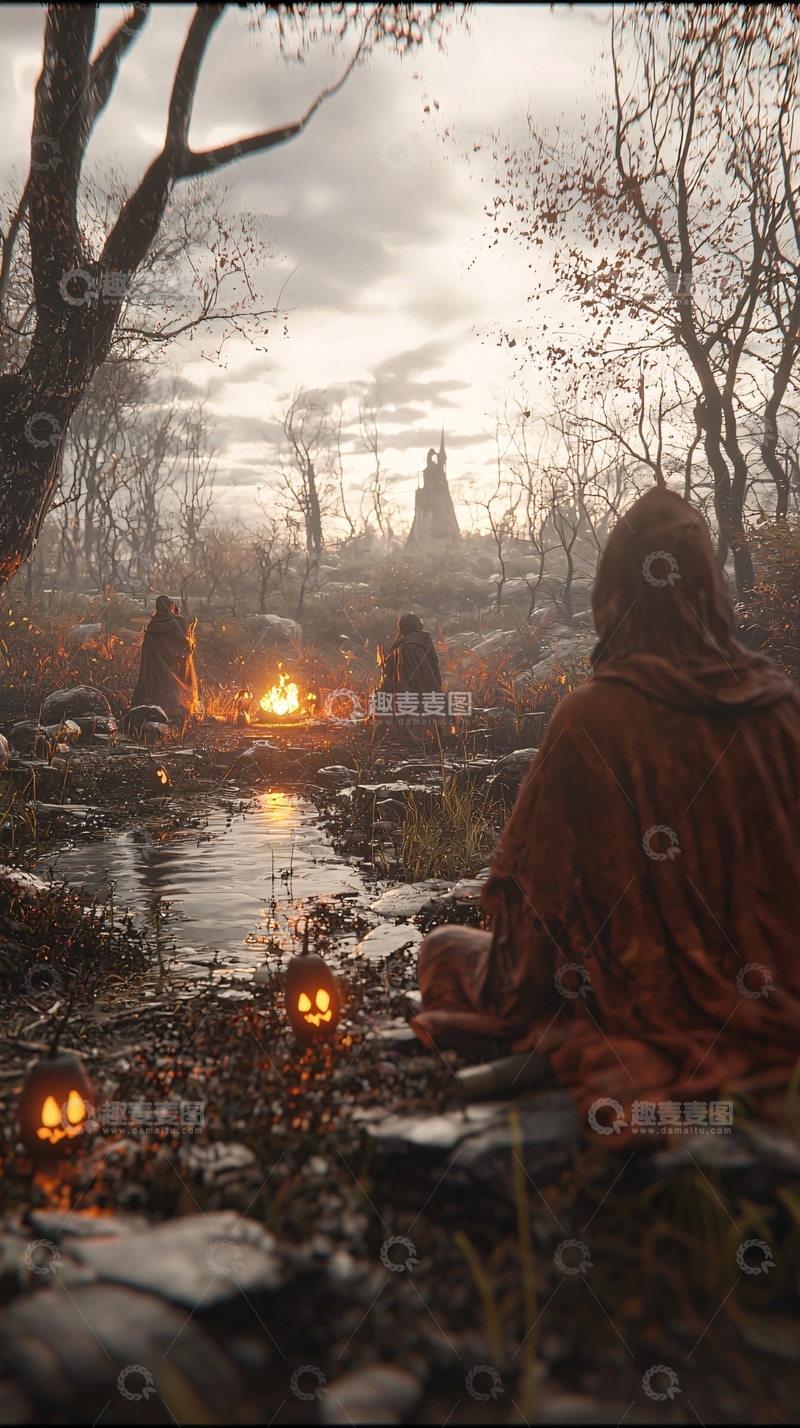 高清大图下载【趣麦麦图】秋日篝火与南瓜灯