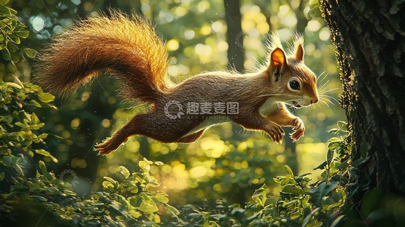 高清大图下载【趣麦麦图】森林中的松鼠跳跃瞬间