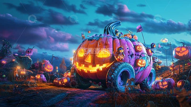高清大图下载【趣麦麦图】万圣节南瓜车夜景