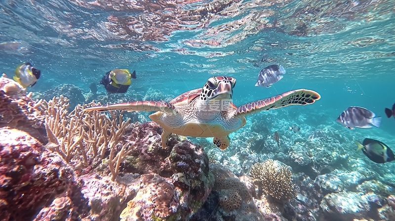 高清大图下载【趣麦麦图】海龟与珊瑚礁下的热带鱼群