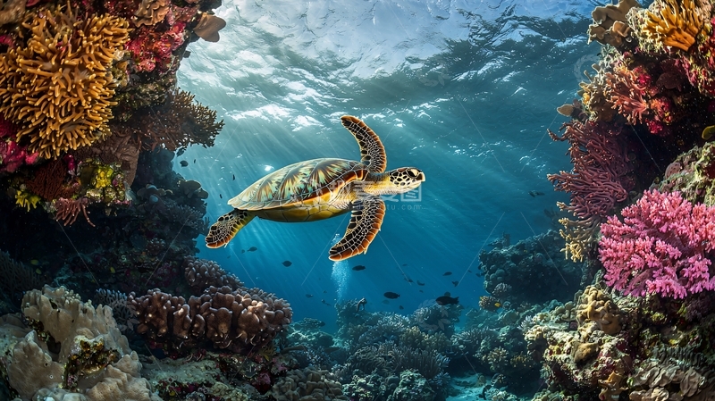 高清大图下载【趣麦麦图】海底珊瑚礁与海龟