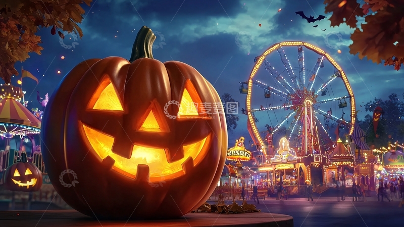 高清大图下载【趣麦麦图】万圣节南瓜灯与游乐园夜景