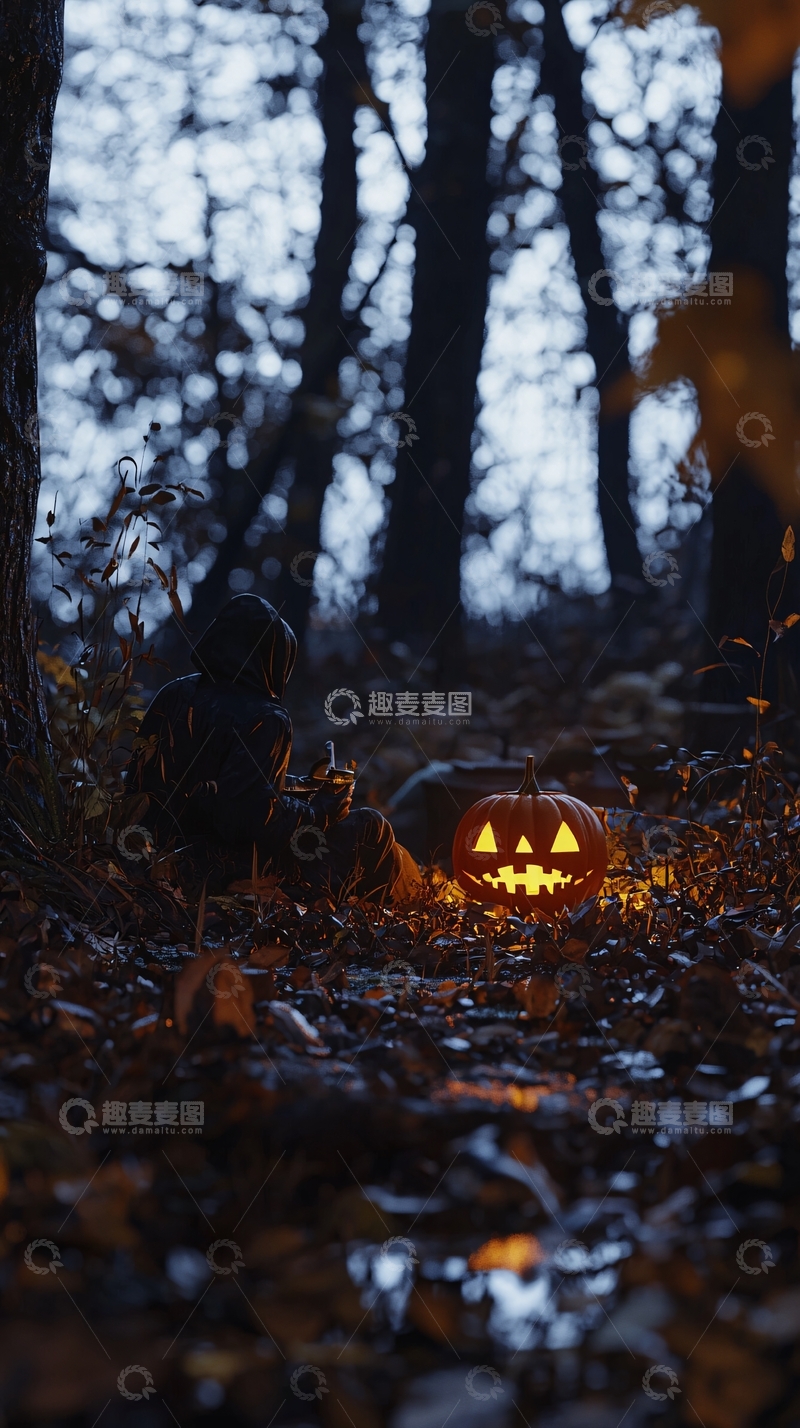 高清大图下载【趣麦麦图】森林中的南瓜灯与神秘人物