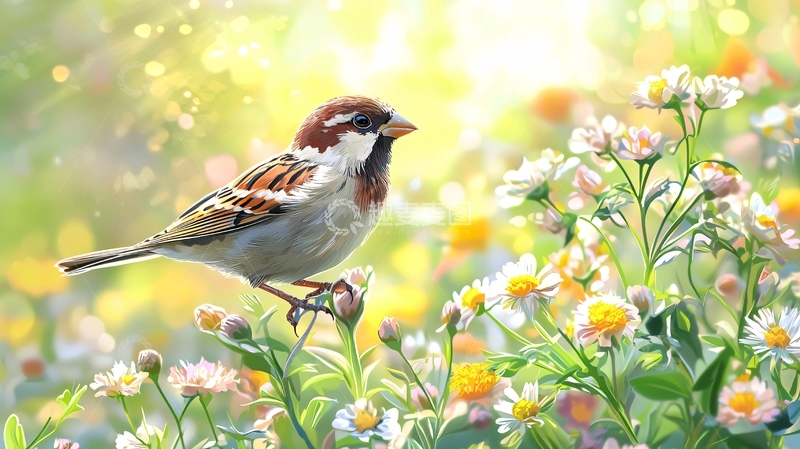 高清大图下载【趣麦麦图】春天花园中的麻雀