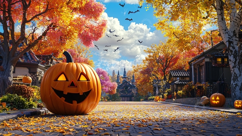 高清大图下载【趣麦麦图】万圣节南瓜与秋叶街道