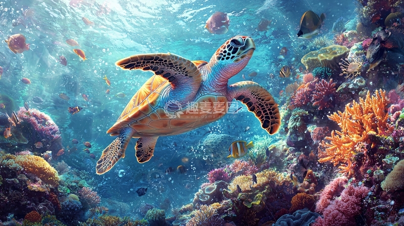 高清大图下载【趣麦麦图】海底世界海龟珊瑚礁