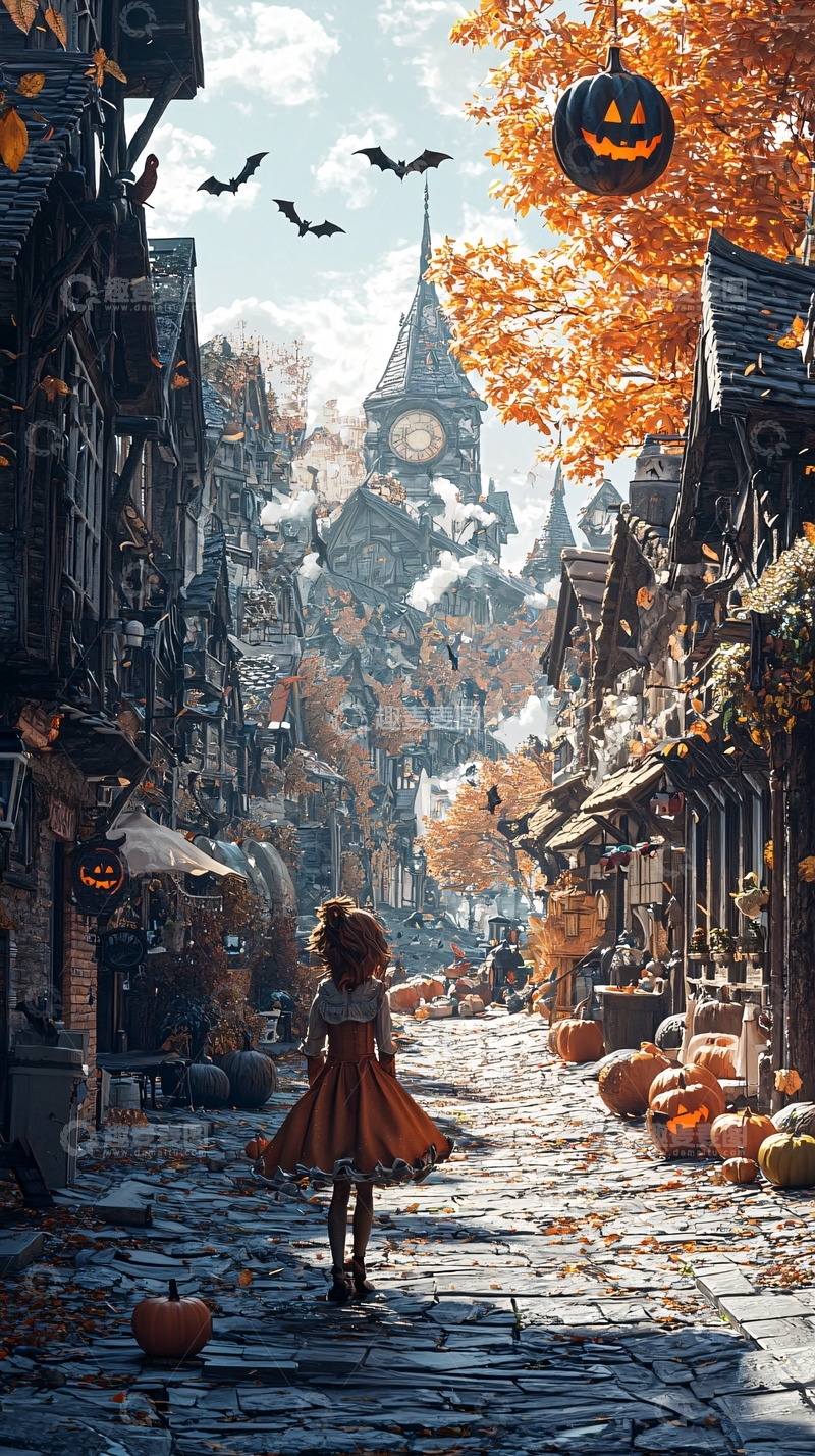 高清大图下载【趣麦麦图】秋日小镇万圣节场景