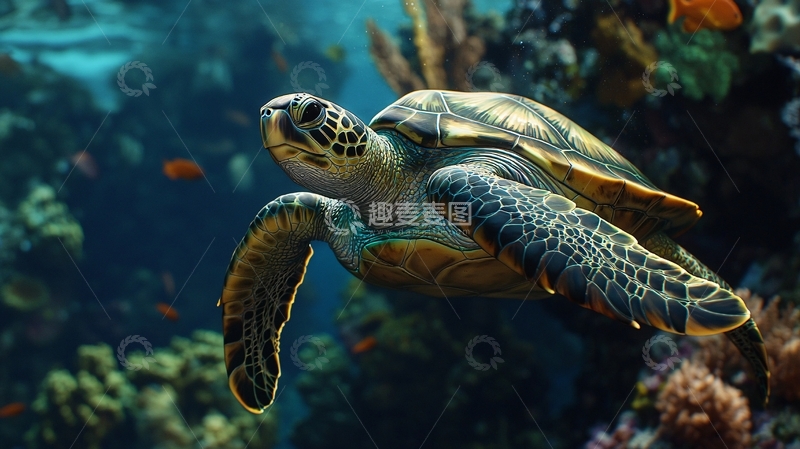 高清大图下载【趣麦麦图】海龟在珊瑚礁中游泳