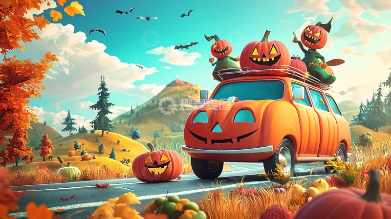 高清大图下载【趣麦麦图】万圣节南瓜车旅行