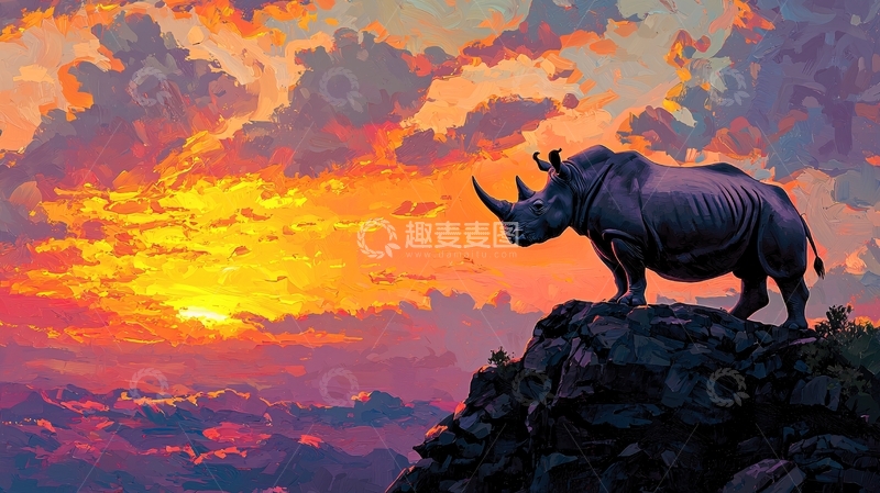 高清大图下载【趣麦麦图】日落山巅的犀牛