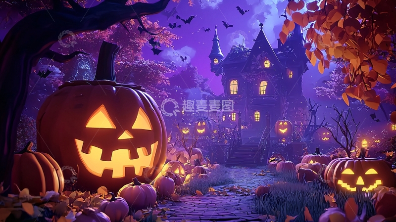 高清大图下载【趣麦麦图】万圣节南瓜与鬼屋夜景