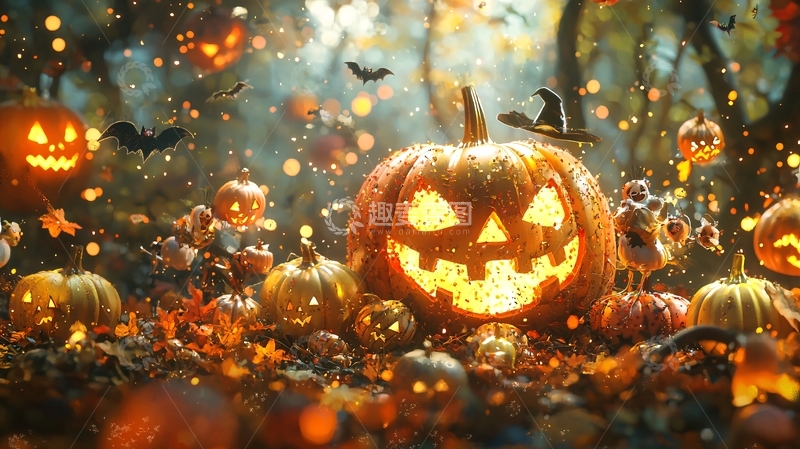 高清大图下载【趣麦麦图】万圣节南瓜灯与飞蝙蝠