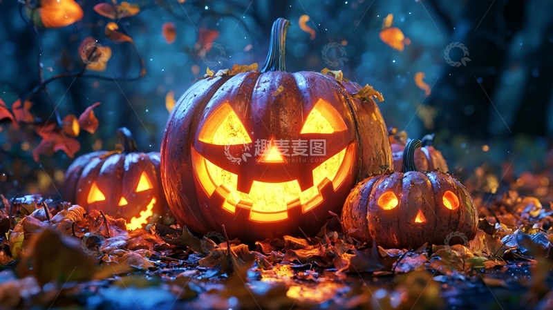 高清大图下载【趣麦麦图】万圣节南瓜灯与落叶