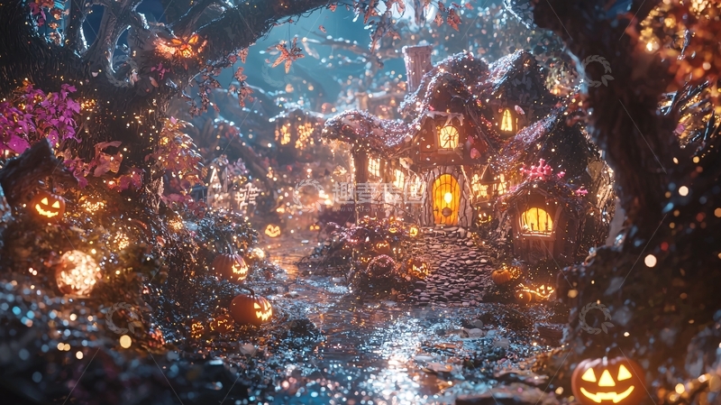 高清大图下载【趣麦麦图】万圣节夜晚的童话村庄