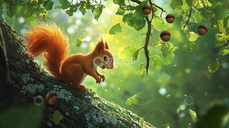 高清大图下载【趣麦麦图】森林中的松鼠与橡果